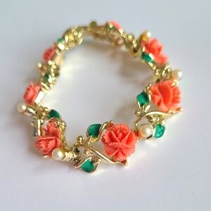 Vintage 50s Peach Coral Rose Flower Pearl Celluloid Gold Tone Chain Bracelet